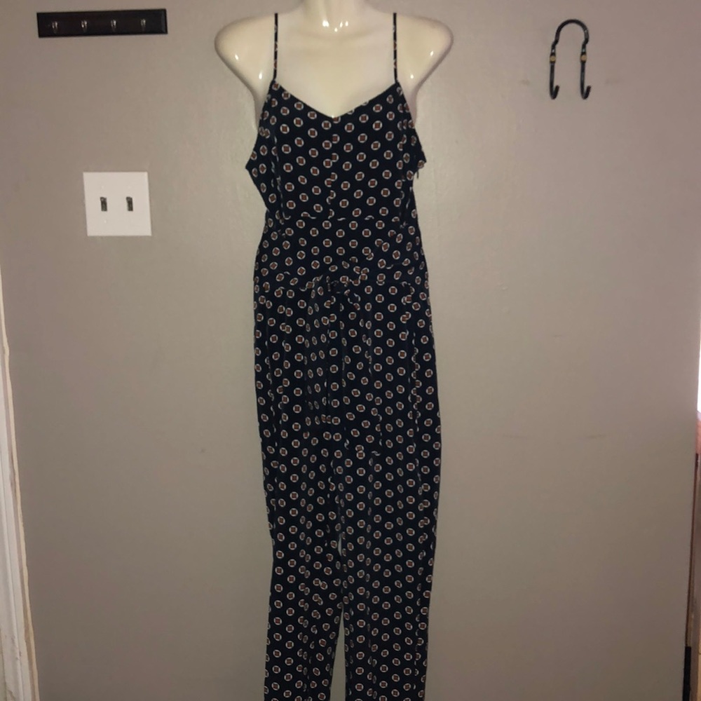 Tie waist coffee bean dot jumpsuit